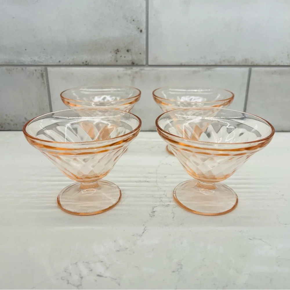 HAZEL ATLAS Vintage Diamond Optic Pink Champagne / Tall Sherbet Glasses Set of 4
